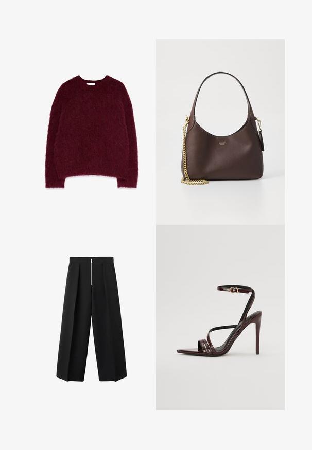 Bordeaux gebreide trui in een fuzzy textuur, met een ronde halslijn en een losse fit met lange mouwen, zonder zichtbare patronen of versieringen.; Zwarte wijde broek met voorplooien en een zichtbare zilveren ritsluiting aan de taille, vlakke voorkant en zijzakken.; Bordeaux gepatineerde leren hoge hakken sandaal met een enkelbandje, puntige neus en drie horizontale banden over de voet. Details met gouden gesp.; COACH BROOKLYN SHOULDER BAG 23 - Handtas - maple