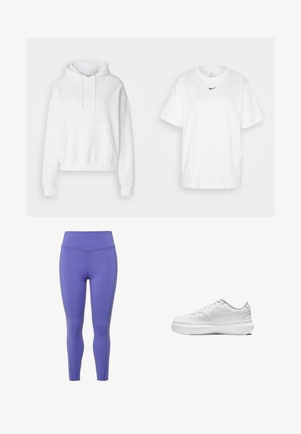 Witte hoodie met een voorzak, ribgebreide boorden en zoom. Zacht materiaal en een ontspannen pasvorm, met trekkoorden aan de capuchon.; Witte katoenen t-shirt met een ronde halslijn, korte mouwen en een zwart Nike-logo centraal op de borst gedrukt. Eenvoudig en klassiek ontwerp.; Paarse leggings gemaakt van rekbaar materiaal met een hoge tailleband, voorzien van platte naden en een aansluitend ontwerp langs de benen.; Witte sneakers met een gladde leren bovenkant, ronde neus, geperforeerde details en dikke witte rubberen zool. Bevat een logo aan de zijkant en platte veters.