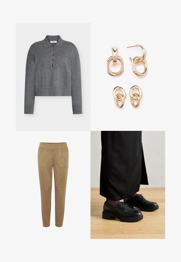 Pilkas trumpintas megztinis su polo apykakle, turintis penkis rudus mygtukus bei ribbintus rankogalius ir apačią. Pagamintas iš minkštos, tekstūruotos medžiagos.; Balta trumpų rankovių marškinėliai su apvalia iškirpte, laisvo kirpimo, pagaminti iš minkštos medvilnės. Lygi tekstūra, be raštų ar logotipų.; Rudi ruda dėvėti kelnės su prigludusia forma, elastinga juosmeniu ir dviem šoninėmis kišenėmis. Audinys turi lygią tekstūrą su languotu raštu.; Juodi odiniai batai su suapvalintu pirštu, storesniu guminiu padu ir raišteliais. Dizainas apima dekoratyvinius siuvimo elementus viršuje.; Auksu padengti auskarai, turintys įvairių geometrinių formų mišinį: kvadratą, ratą ir sujungtus ovalus su poliruotu paviršiumi.