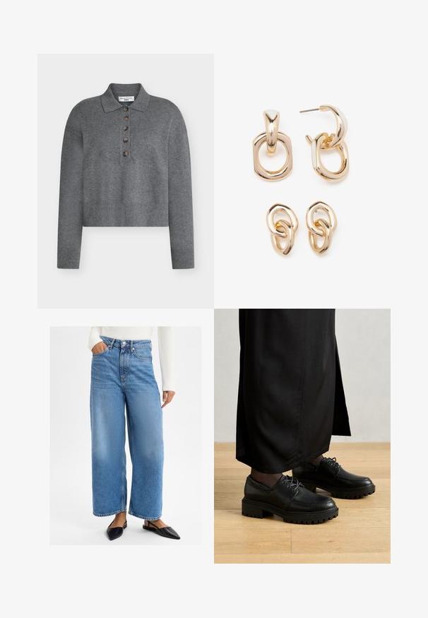 Grauer verkürzter Pullover mit Polokragen, versehen mit fünf braunen Knöpfen sowie gerippten Bündchen und Saum. Hergestellt aus einem weichen, strukturierten Material.; Weißes kurzärmliges T-Shirt mit Rundhalsausschnitt, lockerer Passform, aus weichem Baumwollstoff. Glatte Textur, keine Muster oder Logos.; Hellblaue Denim-Breite-Jeans mit hoher Taille, Fünf-Taschen-Design und Metallknopfverschluss. Glatte Textur und lässige Passform.; Schwarze lederschuhe mit runder zehenform, dicker gummisohle und schnürsenkeln. Das design weist dekorative steppnähte entlang des obermaterials auf.; Goldfarbene Ohrringe mit einer Mischung aus geometrischen Formen: einem Quadrat, einem Kreis und miteinander verbundenen ovalen Designs mit einer polierten Oberfläche.