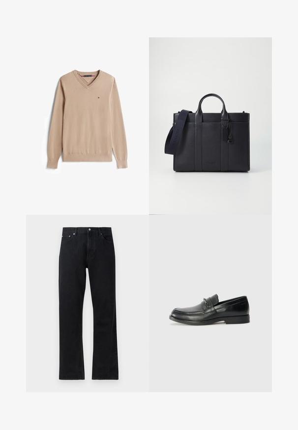 Beige V-ringad tröja i mjukt material, med långa ärmar, ribbade muddar och en liten logotyp på bröstet.; Svarta denimjeans med rak bendesign, med knappstängning, femfickorsstil och subtila sömdetaljer.; Svarta läderloafers med rund tå, som har en stickad design, en liten framrem med hårdvarudetaljer och en platt gummisula.; Mörk marinblå läderportfölj med dubbla övre handtag och avtagbar rem. Utmärkt med strukturerad yta, vertikal sömnad och logotypdetalj.