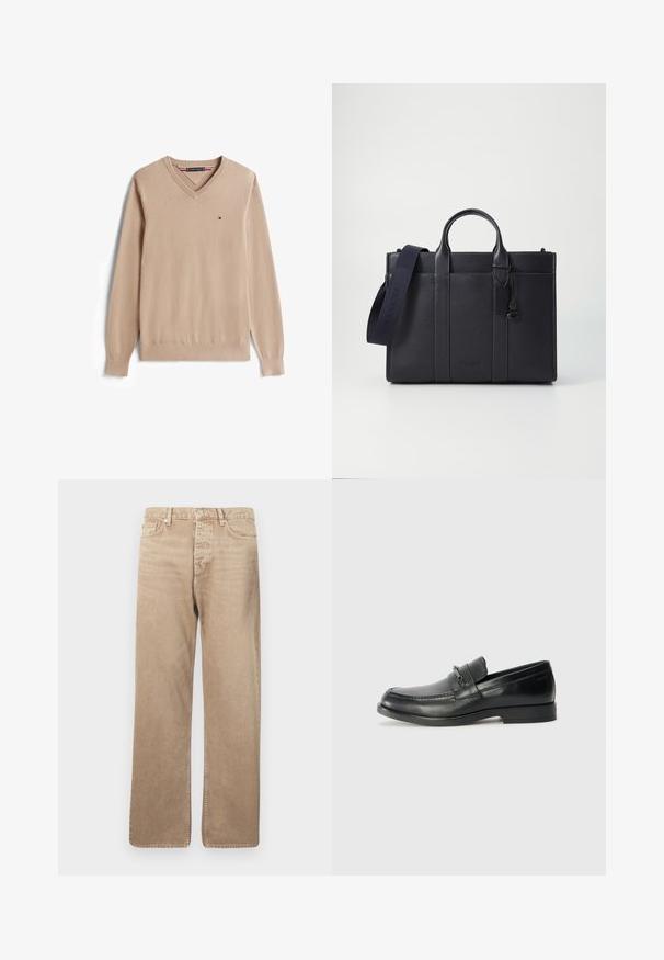 Bežový sveter s výstrihom do V vyrobený z jemnej látky, má dlhé rukávy, ribované manžety a malé logo na hrudi.; Béžové džínsové nohavice so strait fit, s piatimi vreckami, zapínaním na gombík a kontrastným prešívaním. Hladká textura a minimálne opotrebovanie.; Čierne kožené loafers s okrúhlou špičkou, majú vyšívaný dizajn, malý predný pultík so zamestnaneckou dekoráciou a plochú gumovú podrážku.; Tmavomodrá kožená aktovka s dvoma hornými uchami a odnímateľným popruhom. Disponuje textúrovaným povrchom, vertikálnym prešívaním a detailom loga.