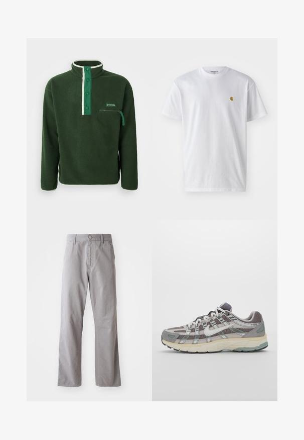 Roheline fliispullover kõrge kaelusega, kontrastsete valgete tõmblukkude, näpu nuppudega ja lukustatava rinnanäärme taskuga. Tekstuuriga kangas.; Valge puuvillane t-särk lühikeste varrukatega, ümmargune kaelus, millel on väike kuldne logo vasakul rinnal. Pehme tekstuur ja regulaarne lõike.; Hallid puuvillased püksid otse lõikega, millel on ees nupp sulgemiseks ja vöörihmad. Sile tekstuur ja minimaalne detailide hulk.; Hallus hallitus jalanõud, millel on võrgust ja sametist ülemine osa, valged rõhutused, pehme tald ning eristuv disain peegelduvate elementidega.
