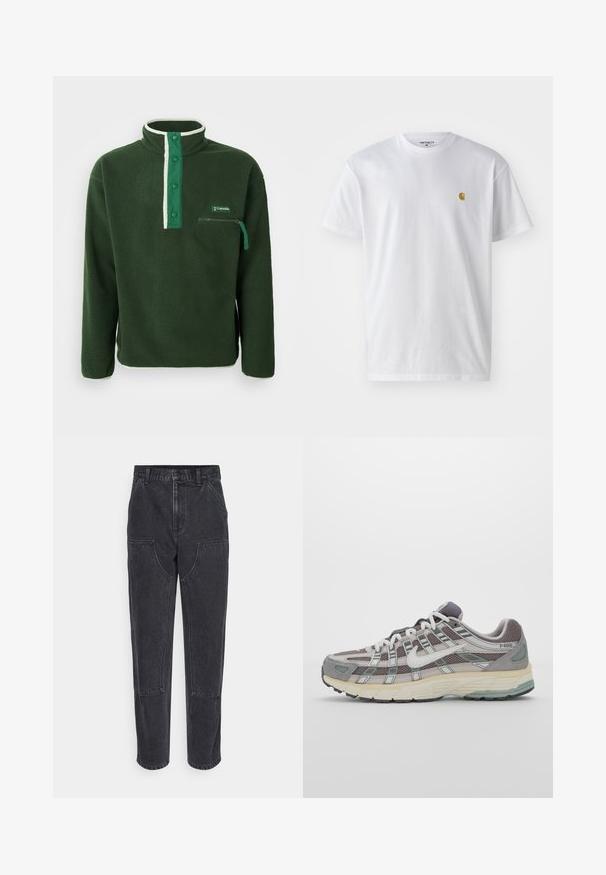 Green fleece pullover with a high collar, featuring a contrasting white zip, snap buttons, and a zippered chest pocket. Textured fabric.; White cotton t-shirt with short sleeves, crew neck, featuring a small gold logo on the left chest area. Soft texture and regular fit.; Black denim jeans with a high waist, straight-leg cut, and large front pockets. Features contrasting stitching and no visible logos.; Gray athletic shoe featuring a mesh and suede upper, white accents, a cushioned sole, and a distinctive design with reflective elements.