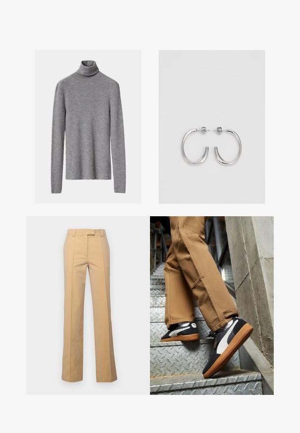 Gray ribbed turtleneck sweater with long sleeves, featuring a fitted silhouette and soft texture.; Beige tailored trousers made of cotton blend fabric with a straight-leg fit, featuring front pleats and side pockets.; Black and gray suede sneakers with white accents and gum rubber soles, worn on tan pants while ascending metal stairs.; Silver hoop earrings with a smooth, shiny finish. Rounded shape, lightweight design, featuring a post-back closure.