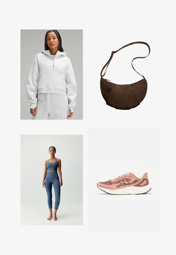 Felpa corta grigia realizzata in tessuto morbido, con cerniera frontale, tasca frontale e polsini larghi. Accompagnata da pantaloni della tuta abbinati.; Top corto blu a coste e leggings a vita alta realizzati in materiale elastico, con dettagli di cuciture sottili e design aderente.; Scarpa da corsa rosa con tomaia in rete, che presenta un design testurizzato e dettagli marroni. Suola leggera con un'ammortizzazione significativa.; Borsa a spalla marrone imbottita con una forma curvata, dotata di chiusura con cerniera e tracolla regolabile per diverse opzioni di trasporto.