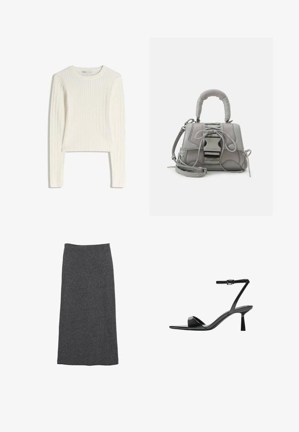 Bijeli džemper s pletenim uzorkom, dugim rukavima, okruglim izrezom i rebrastom teksturom. Skratjeni kroj dodaje moderan izgled.; Siva vuna maxi suknja s ravnim krojem i elastičnim pojasom, koja se odlikuje mekom teksturom i glatkom završnom obradom. Nema vidljivih uzoraka ili akcenta.; Bershka Sandale s visokom petom - black; Siva teksturirana torba s naglaskom na podstavljenom ručku, mrežastim detaljima, podesivim remenom i prednjim kopčanjem. Kompaktni dizajn s zaobljenim oblikom.