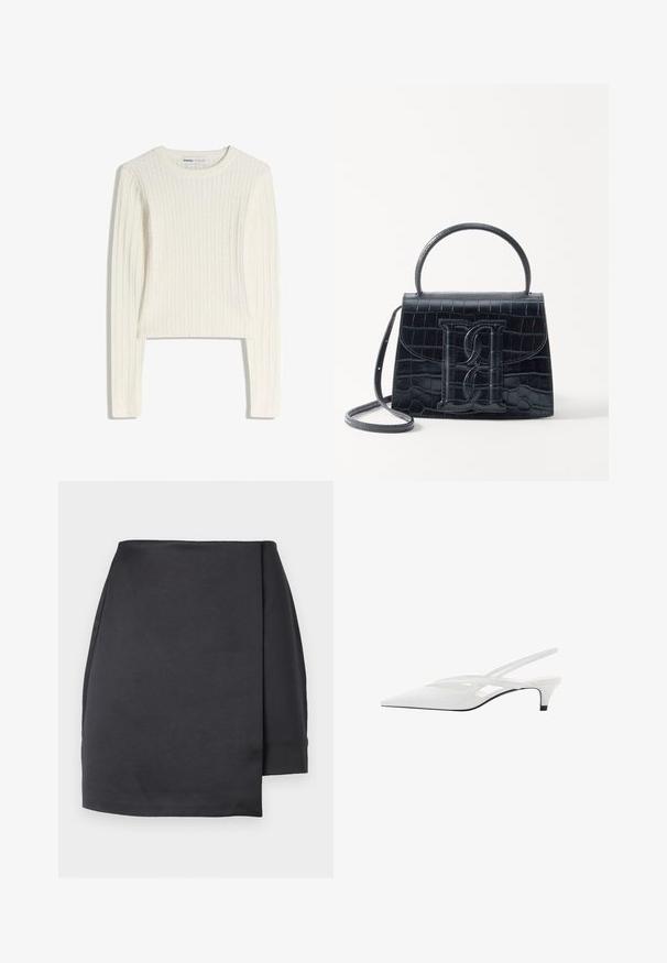 White cable-knit sweater with long sleeves, round neckline, and ribbed texture. Cropped design adds a modern touch.; Black asymmetrical mini skirt with a wrap-style front panel on a white background.; White slingback heel with pointed toe, featuring a smooth upper, subtle cutouts, and a low block heel. Black sole accentuates design.; Black crocodile-embossed leather handbag with a structured design, top handle, adjustable strap, and a prominent front logo detail.