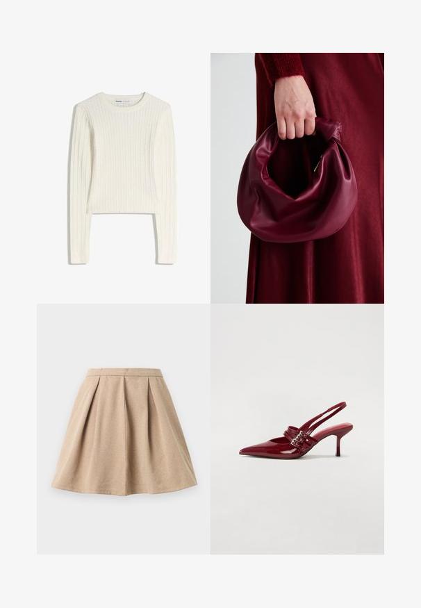 Vit kabelstickad tröja med långa ärmar, rund halsringning och ribbad struktur. Den korta designen ger en modern känsla.; Beige plisserad kjol i texturerat tyg, med en åtsittande midja och en utsvängd design som sträcker sig till mitten av låret.; Röda patentläder slingback-hälar med spetsig tå, två spännen och en smal, medelhög stilettklack. Slät textur.; Burgundy läderhandväska med en mjuk, samlad design och rundad form. Handtaget är säkrat och visar en slät yta.