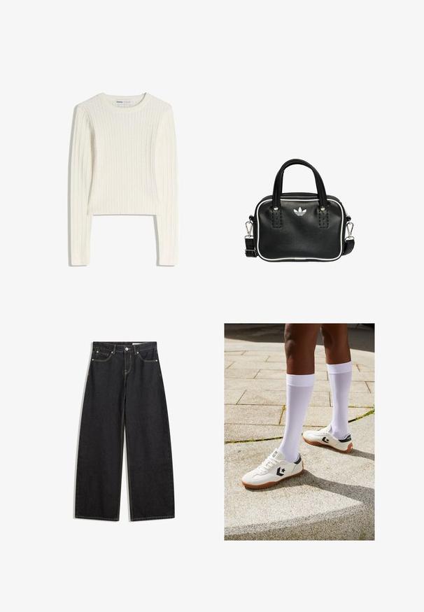 Biely sveter s pleteným vzorom káblov, dlhými rukávmi, okrúhlym výstrihom a rebrovanou textúrou. Skrátený dizajn pridáva moderný nádych.; čierne džínsy s širokými nohavicami a vysokým pásom, s piatimi vreckami, kontrastným prešívaním a zapínaním na gombík. Hladký povrch s klasickým strihom.; Biele športové topánky s textúrovaným povrchom, čiernymi akcentmi a hnedou gumovou podrážkou, skombinované s bielymi ponožkami po kolená.; Čierna kožená kabelka s dvoma krátkymi držadlami, striebornými kovovými doplnkami, bielymi akcentmi a bielym logom. Vyznačuje sa textúrovaným povrchom a kompaktným dizajnom.