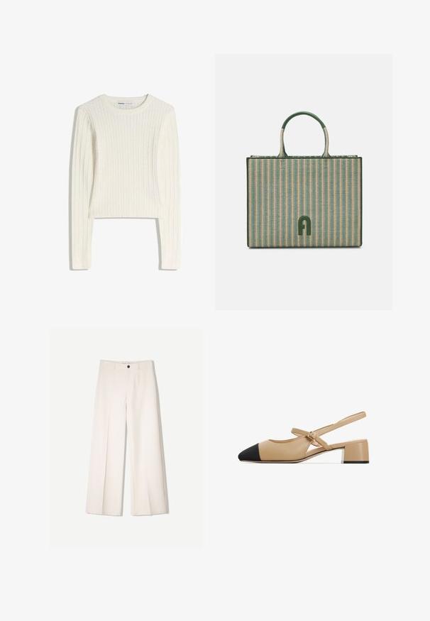 Pull en maille torsadée blanc avec manches longues, encolure ronde et texture côtelée. Le design court apporte une touche moderne.; Pantalons larges crème avec un design ajusté, comportant deux poches avant et une fermeture à un bouton sur le devant, fabriqués en tissu lisse.; Des chaussures à bride arrière en cuir beige avec un bout pointu noir, une sangle à boucle et un petit talon bloc avec un accent argenté à la base.; Sac fourre-tout rayé vert et beige avec deux poignées, fabriqué en matériau tissé, arborant un détail de logo vert sur le devant. Forme rectangulaire.