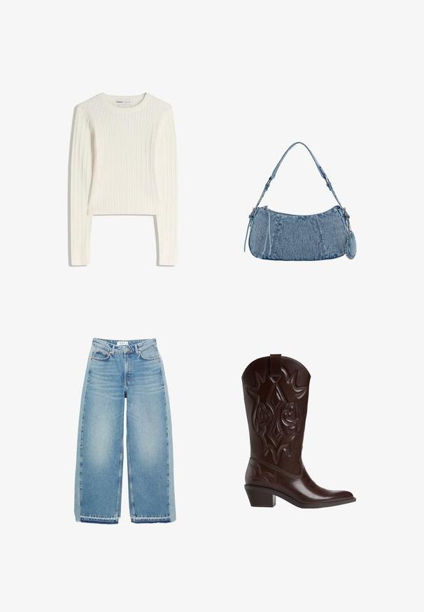 Bijeli džemper s pletenim uzorkom, dugim rukavima, okruglim izrezom i rebrastom teksturom. Skratjeni kroj dodaje moderan izgled.; Svijetloplave široke traperice napravljene od denima, s visokim strukom, kopčanjem na dugme, prednjim džepovima i sirovim rubom.; Tamno smeđe kožne kaubojske čizme s ukrasnim šavovima, s oštrim vrhom, srednje visokom potpeticom s nagomilanim slojevima i s petljom za povlačenje na vrhu.; Denimska torba s zakrivljenim oblikom, svijetloplave boje, podesivim remenom za rame i malim odvojivim džepom s metalnim akcentima.