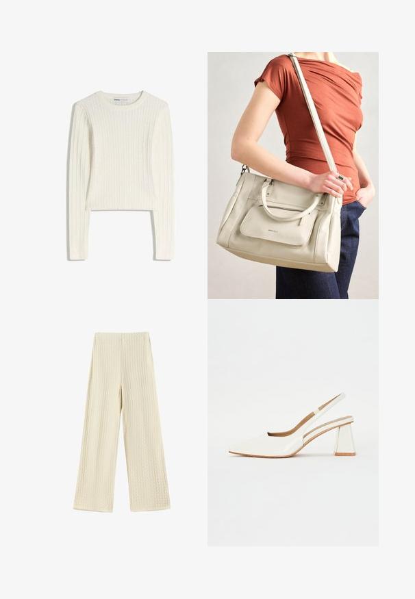 Pulover alb, tricotat cu model în relief, mâneci lungi, decolteu rotund și textură ribată. Design scurtat care adaugă o notă modernă.; Pantaloni cu croi larg, dintr-un material texturat, de culoare crem. Designul prezintă un model tip waffled, cu talie înaltă și picioare de lungime completă.; Pantof de piele lăcuită albă, cu vârf ascuțit și toc geometric bloc. Interiorul are o brantă de culoare bej și decupaje laterale minime.; Geantă din piele albă cu mânere duble și o curea detasabilă, având o buzunare frontal cu fermoar și o textură netedă. Purtați-o pe brațul unei persoane.