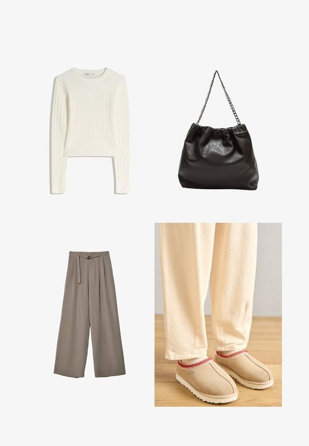 Hvid kabelstrikket sweater med lange ærmer, rund halsudskæring og ribbet struktur. Den korte længde tilføjer et moderne præg.; Vide ben bukser i et blødt, afdæmpet grå stof, med en bælte i taljen og plisseringer for ekstra designdetalje. Glat tekstur, ingen mønstre.; Tan suede klipklapper med rød dekorativ trim og hvid gummisål, parret med lyse beige bukser, placeret på et trægulv.; Brun lædertaske med en rynket top og en kædestrop. Glat tekstur med en blank finish og subtile sømdetaljer på siderne.