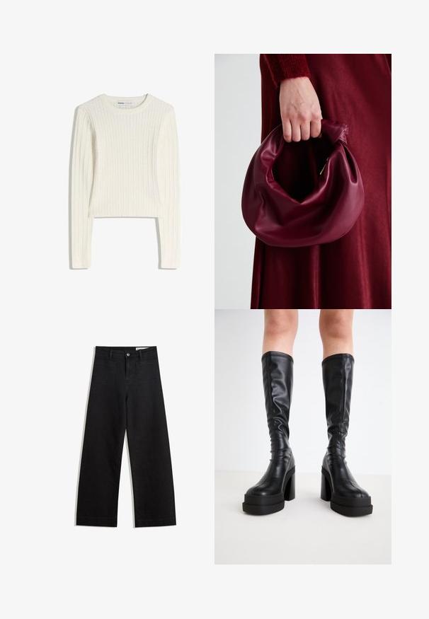 Pulover alb, tricotat cu model în relief, mâneci lungi, decolteu rotund și textură ribată. Design scurtat care adaugă o notă modernă.; Pantaloni din denim negri cu picioare largi, cu talie înaltă, având buzunare frontale și posterioare, cusături dublate și închidere cu nasture. Textură netedă.; Cizme negre, până la genunchi, din piele netedă, având o talpă groasă și un toc pătrat, cu detalii cusute de-a lungul marginilor.; Geantă de mână din piele burgundă, cu un design moale și pliat și o formă rotundă. Mânerele sunt securizate, evidențiind o textură netedă.