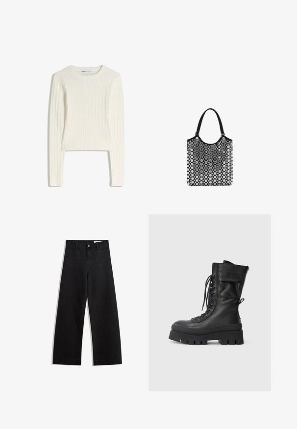 Valkoinen palmikkoneulepusero, jossa on pitkät hihat, pyöreä kaula-aukko ja ribbineulos. Lyhyt malli tuo modernin vivahteen.; Mustat leveät farkut korkealla vyötäröllä, joissa on etu- ja takataskut, ommellut saumat ja nappisuljenta. Silkinoinen rakenne.; Musta nahkainen taistelukenkä, jossa on korkea varsi, nauhakiinnitys edessä, teksturoituja yksityiskohtia, paksu pohja ja ommeltu viimeistely. Varustettu takaosan vetolenkillä.; Musta ja valkoinen kassi pyöreällä ylhäällä, jossa on kuplakuosi, valmistettu sileästä materiaalista ja varustettu kahdella tukevalla kangaskahvalla.