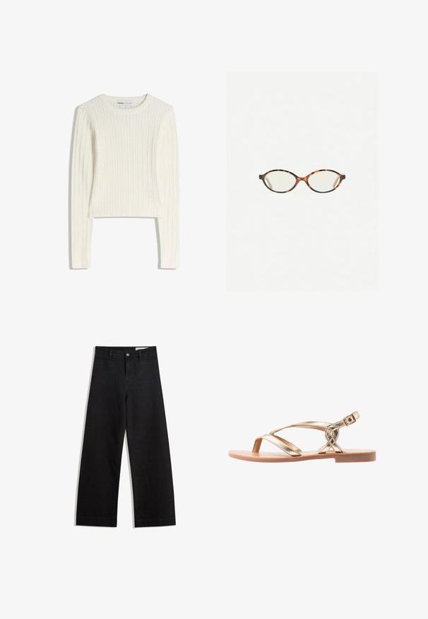 Biały sweter w splot warkoczowy z długimi rękawami, okrągłym dekoltem i prążkowaną teksturą. Krótki krój nadaje nowoczesny charakter.; Czarne dżinsowe spodnie o szerokich nogawkach i wysokim stanie, z przednimi i tylnymi kieszeniami, przeszyciami oraz zapięciem na guziki. Gładka struktura.; Złote metaliczne sandały z krzyżującymi się paskami, płaską podeszwą i zapięciem na kostkę. Gładka faktura i otwarty design zapewniający wentylację.; Okulary w kolorze tortoiseshell z owalnymi soczewkami i gładkim, eleganckim wykończeniem. Posiadają cienkie boki z delikatnym łukiem w okolicy skroni. Przezroczyste soczewki.; Ciemnobrązowa skórzana torebka o zaokrąglonym kształcie, zamykana na zamek błyskawiczny, z krótkim uchwytem. Posiada metalowe elementy i ozdobne czarne guziki po bokach.