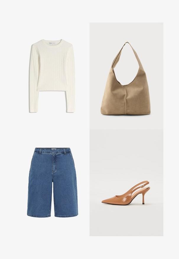 White cable-knit sweater with long sleeves, round neckline, and ribbed texture. Cropped design adds a modern touch.; Denim shorts with a blue wash, featuring a classic cut, five pockets, and contrast stitching on the seams. Mid-rise waist and straight leg.; Pointed toe slingback heel in a smooth, glossy tan material. Features a curved cutout design and a slender stiletto heel. Silver buckle detail.; Hobo bag in soft beige suede with a slouchy shape, wide shoulder strap, and a hand-stitched seam detail along the front.