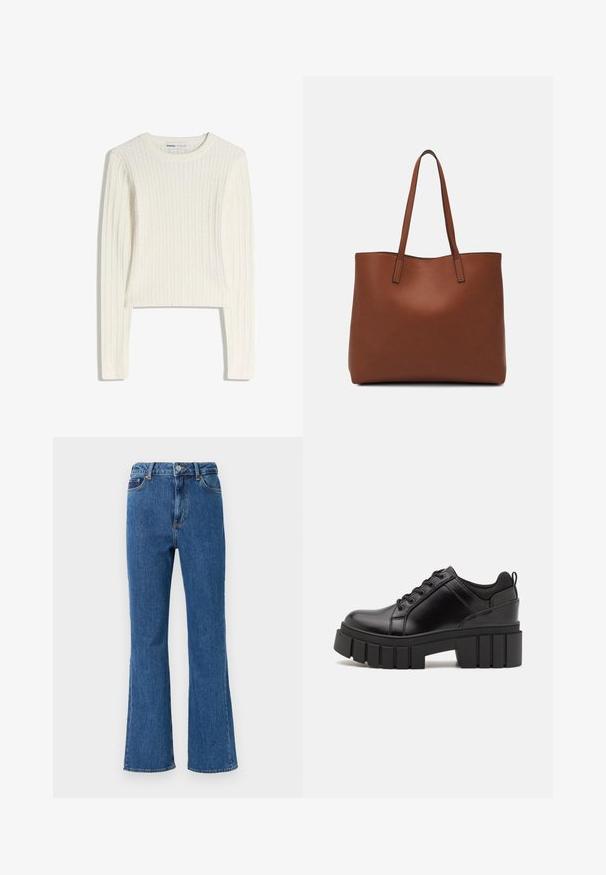 Beli pulover iz kabela z dolgimi rokavi, okrogel izrez in rebrasta tekstura. Kratek kroj dodaja sodoben pridih.; Visoko pasne flare džins hlače iz modrega denima. Značilnosti vključujejo gumbasto zapiranje, sprednje žepe in minimalne šive.; Črne usnjene platforme z debelim blokastim petam, okroglo konico in klasičnim vezanjem. Imajo gladko teksturo in minimalne podrobnosti.; Rjava usnjena torba z gladko teksturo, odprto zasnovo zgoraj in dvema naramnima trakovoma. Opremljena je z minimalnim šivanjem in brez vidnih kovinskih delov.