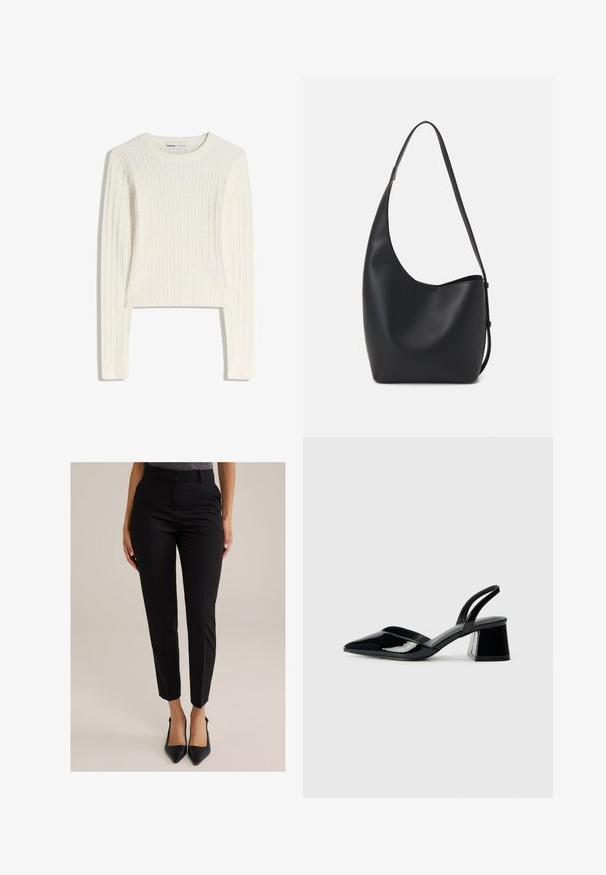 Witte kabelgebreide trui met lange mouwen, ronde halslijn en geribbelde structuur. Het cropped ontwerp zorgt voor een moderne uitstraling.; Vrouw in een aansluitende zwarte broek tot de enkels en zwarte puntige hakken, staande voor een lichte achtergrond.; Zwarte gepatineerde leren slingback hakken met een spitse neus en een geometrische blokhak. Kenmerkt zich door een slank, minimalistisch ontwerp en een gladde textuur.; Zwarte leren hobo tas met een gladde textuur, kromme vorm en een enkele verstelbare schouderband; heeft een brede opening aan de bovenkant.