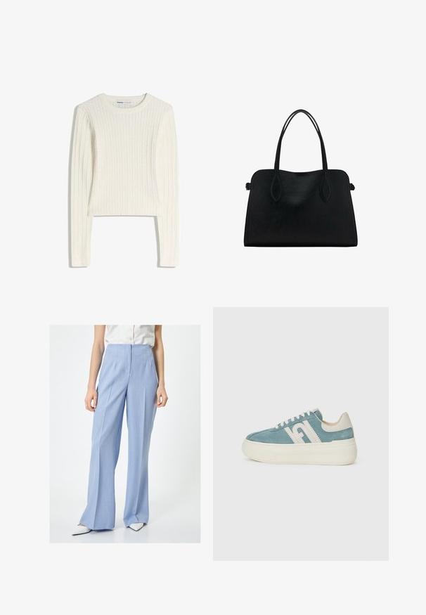Vit kabelstickad tröja med långa ärmar, rund halsringning och ribbad struktur. Den korta designen ger en modern känsla.; Ljusblå vida byxor med skräddarsydd passform, tillverkade av smidig tyg. Har hög midja och framfickor, kombineras med vita spetsiga skor.; Sneakers i ljusblå mocka med vit gummisula. Har vit märkning på sidan och tonad sömnad. Skosnörningsdesign med en vadderad krage.; Svart läderhandväska med dubbla axelremmar, rektangulär form och minimalistisk design på vit bakgrund.