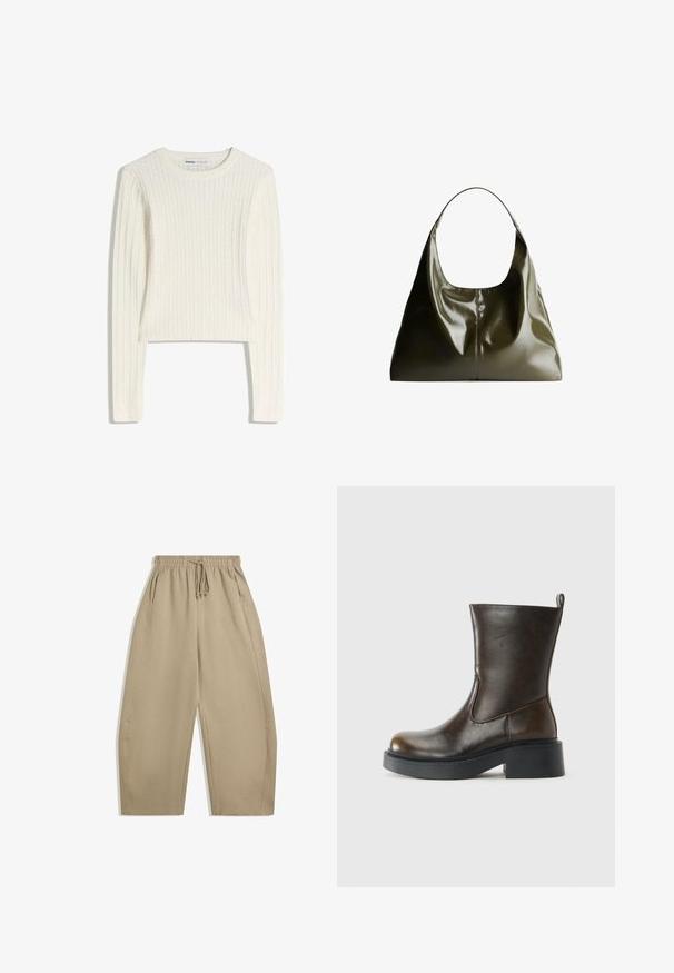 Fehér, kötött pulóver hosszú ujjakkal, kerek nyakkivágással és bordázott mintával. A rövidített fazon modern megjelenést kölcsönöz.; Beige, széles szárú nadrág puha anyagból, rugalmas derékkal, húzózsinórral és oldalsó zsebekkel. Sima textúra, egyszerű dizájn.; Sötétbarna, középig érő bőrcsizma, lekerekített orral, vastag fekete talppal, alacsony block sarkal és hátsó húzókával.; Olíva zöld bőrtáska, sima, fényes felülettel. Kerek tetejű és puha, lazán hullámos formájú. Minimalista dizájn.