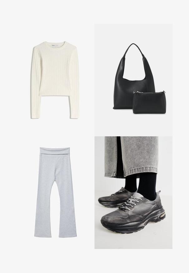 White cable-knit sweater with long sleeves, round neckline, and ribbed texture. Cropped design adds a modern touch.; Gray flared leggings with a wide, soft waistband, made from a smooth, stretchy fabric. Features a fitted shape and ankle-length cut.; Black and gray athletic shoes feature a mesh upper, thick soles, and laces. They have a rounded toe and visible cushioning detail.; Even&Odd Handbag - black