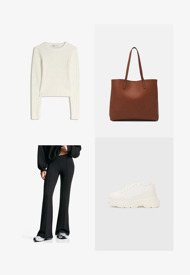 White cable-knit sweater with long sleeves, round neckline, and ribbed texture. Cropped design adds a modern touch.; Black flared pants with a high waistband and side seams. Made of stretchy fabric, they feature a smooth texture. Paired with athletic shoes.; White canvas sneaker with a chunky sole, rounded toe, and five eyelets for laces. Back tab for easy wear. Smooth texture, minimalist design.; Brown leather tote bag with a smooth texture, open top design, and two shoulder straps. Features minimal stitching and no visible hardware.