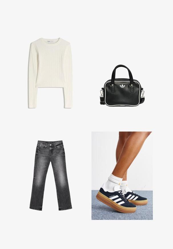 Bílý svetr s dlouhými rukávy, kulatým výstřihem a žebrovanou texturou. Zkrácený design dodává moderní vzhled.; Černé džíny z denimu se střihem rovného nohavice, s vybledlým vzhledem a pěti kapsami. Mají poutka na pásek a zip na zapínání.; Černé semišové tenisky s bílými pruhy a detaily, zaoblenou špičkou, podrážkou z gumy barvy žvýkačky, doplněné bílými žebrovanými ponožkami ke kotníkům.; Černá kožená kabelka se dvěma krátkými uchy, stříbrným kováním, bílými detaily a bílým logem. Má texturovaný povrch a kompaktní design.