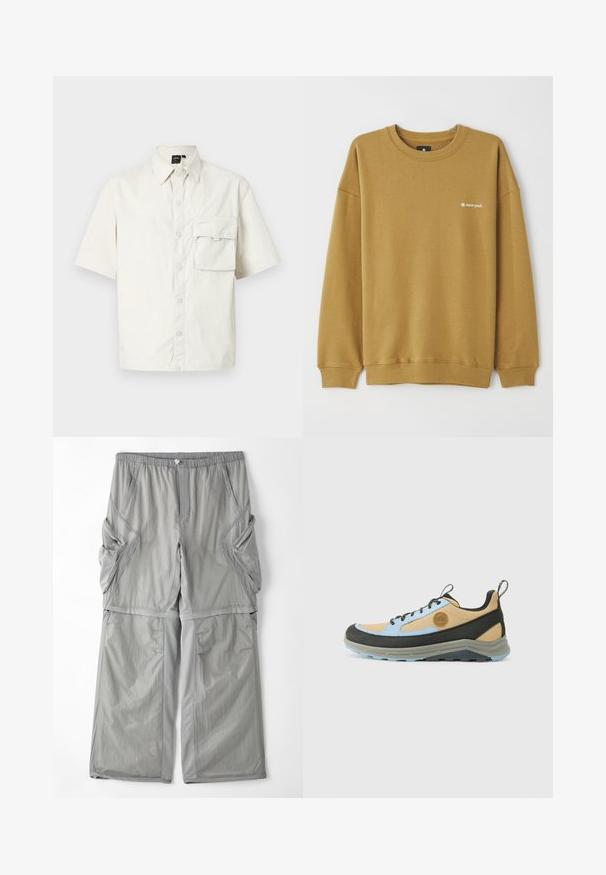 Goružna majica s kapućom od mekog materijala, sa okruglim izrezom i spuštenim ramenima, na grudima se nalazi mali beli logo.; Kratka majica s ovratnikom iz svetlo bež pamuka, z prednjim gumbom in eno zakrpano žepom na levem prsnem delu.; Svetlo sivi, zračni hlače iz tkanine z elastičnim pasom, stranskimi žepi in kontrastnim sivim obrobljanjem ob šivih. Ohlapna zasnova.; Tenis z dizajnom v bež, svetlo modrih in črnih barvah, izdelani iz sintetičnih materialov z teksturirano površino in debelim, modrim gumijastim podplatom.