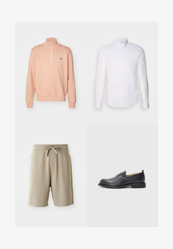 Felpa con zip di colore rosa chiaro, dotata di collo alto, polsini e orlo a coste. Presenta un piccolo logo verde sul petto. Tessuto morbido.; Camicia bianca a maniche lunghe con bottoni realizzata in cotone, caratterizzata da un colletto classico, bottoni frontali e dettagli di cucitura minimal.; Pantaloni corti beige con una texture morbida, vita elastica, cordino e tasche laterali. Lunghezza fino a metà coscia e branding minimale sul fondo.; Mocassini in pelle nera caratterizzati da una finitura liscia, suola piatta e punta arrotondata con una fascia decorativa sulla parte superiore.