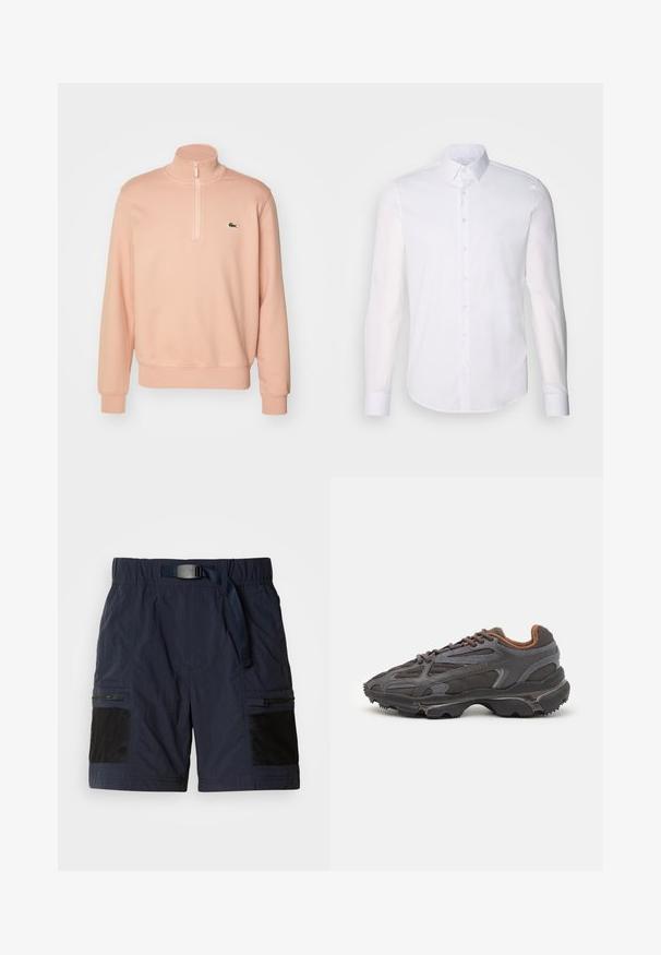 Svetlo roza zip-up dukserica z visokim ovratnikom, rebrastimi manšetami in robom. Ima majhen zeleni logo na prsih. Mehka tekstura tkanine.; Bela srajca z dolgimi rokavi in gumbom, izdelana iz bombaža, z klasičnim ovratnikom, sprednjimi gumbi in minimalnimi šivi.; Mornarsko modri šortisi s teksturiranim zaključkom, elastičnim pasom z zaponko, stranskimi zadrgami in črnimi mrežastimi detajli na žepih. Lahka zasnova.; Lacoste teniske v temno sivi barvi z mrežasto in sintetično prevleko, s teksturiranim podplatom in rjavimi detajli na ovratniku ter blagovni znamki.