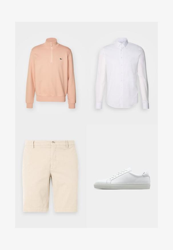 Lichtroze ritsvest met hoge kraag, ribbelmanchetten en -zoom. Bevat een klein groen logo op de borst. Zachte stoftextuur.; Witte lange mouwen overhemd met knopen, gemaakt van katoen, voorzien van een klassieke kraag, voorkant met knopen en minimale stikdetails.; Beige katoenen shorts met een vlakke voorkant, ritssluiting, knoopsluiting en zijzakken. Glad textuur en knielange ontwerp.; Witte sneaker met een gladlederen bovenwerk en een laag profiel. Voorzien van een ronde neus, zes vetergaatjes en een gestructureerde rubberen zool.