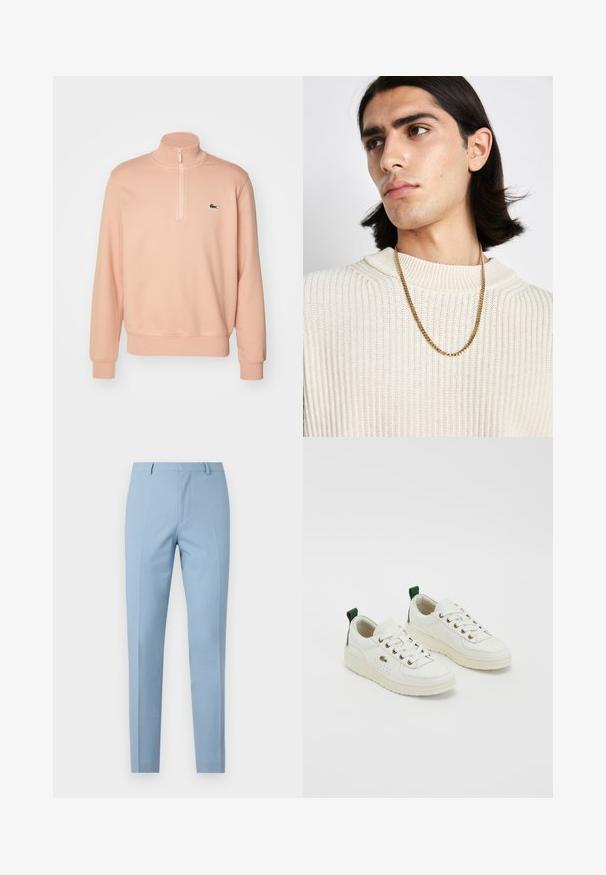 Svetloružová mikina na zips s vysokým golierom, rebrovanými manžetami a lemom. Obsahuje malé zelené logo na hrudi. Mäkka textúra látky.; Biela košeľa s dlhým rukávom, vyrobená z bavlny, s klasickým golierom, prednými gombíkmi a minimálnym prešívaním.; Svetlomodré nohavice na mieru so štíhlym strihom, hladkou textúrou, so záhybom vpredu, priliehavým pásom a pútkami na opasok. Bez viditeľných vreciek.; Biele kožené tenisky so zelenými akcentmi, dizajn na šnurovanie, zlaté očká a textúrované panely. Hrubá krémová gumová podrážka.; Zlatý náhrdelník nosený cez krémový rebrovaný pletený sveter; mäkká textúra s vysokým golierom a jemným vzorom v látke.