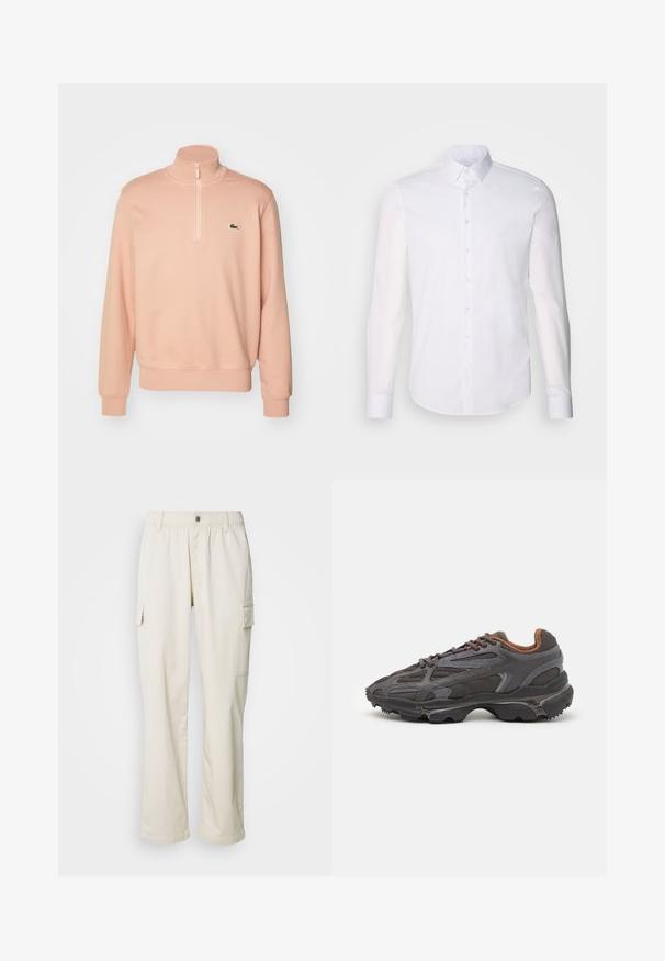 Svijetlo ružičasti dukserica s patentnim zatvaračem i visokim ovratnikom, rebrastim manšetama i rubom. Ima mali zeleni logotip na prsima. Mekana tekstura tkanine.; Bijela košulja dugih rukava s gumbima napravljena od pamuka, s klasičnom kragnom, prednjim gumbima i minimalnim detaljima šivanja.; Krem-rastezljive cargo hlače s elastičnim pojasom, bočnim džepovima, ravnog kroja i glatkom, laganom teksturom tkanine.; Lacoste tenisice u tamno sivoj boji s mrežastim i sintetičkim materijalom, s teksturiranom potplatom i smešnim akcentima na ovratniku i brandiranju.