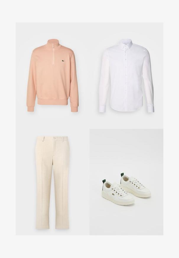 Svetlo roza zip-up dukserica z visokim ovratnikom, rebrastimi manšetami in robom. Ima majhen zeleni logo na prsih. Mehka tekstura tkanine.; Bela srajca z dolgimi rokavi in gumbom, izdelana iz bombaža, z klasičnim ovratnikom, sprednjimi gumbi in minimalnimi šivi.; Bež hlače po meri iz teksturirane tkanine, opremljene z zadrgo, dvema sprednjima žepe in vitkim, ravnim krojem.; Bele športne copate iz bele usnja z zelenimi poudarki, zavezovanje z vezalkami, zlatimi luknjicami in teksturiranimi панелами. Debel kremno obarvan gumijast podplat.