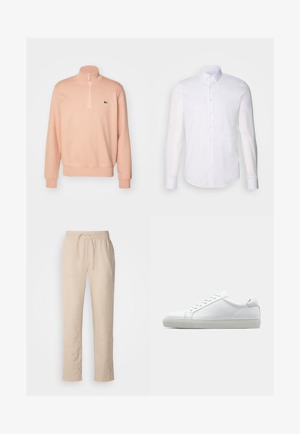 Világos rózsaszín zipzáras pulóver magas gallérral, bordás mandzsettákkal és hem. Kicsi zöld logo található a mellkasán. Puha szövettextúra.; Fehér, hosszú ujjú, gombos ing, pamutból készült, klasszikus gallérral, elöl gombokkal és minimalista varrási részletekkel.; Beige vászon nadrág elasztikus derékkal és zsinórral. Egyenes szabású dizájn sima textúrával és látható minták nélkül.; Fehér sportcipő sima bőr felső résszel és alacsony profilsal. Kerek orr, hat fűzőlyuk és barázdált gumitalp jellemzi.