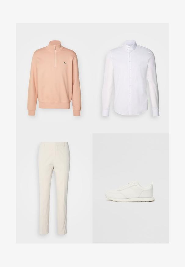 Felpa con zip di colore rosa chiaro, dotata di collo alto, polsini e orlo a coste. Presenta un piccolo logo verde sul petto. Tessuto morbido.; Camicia bianca a maniche lunghe con bottoni realizzata in cotone, caratterizzata da un colletto classico, bottoni frontali e dettagli di cucitura minimal.; Pantaloni su misura di colore crema in tessuto texturizzato. Presentano una linea dritta, passanti per cintura e due tasche frontali. Senza fantasie.; Sneaker bianco con tomaia in rete e materiale sintetico, punta tonda, lacciuoli piatti e una striscia laterale testurizzata. Suola in gomma con linguetta sul retro.