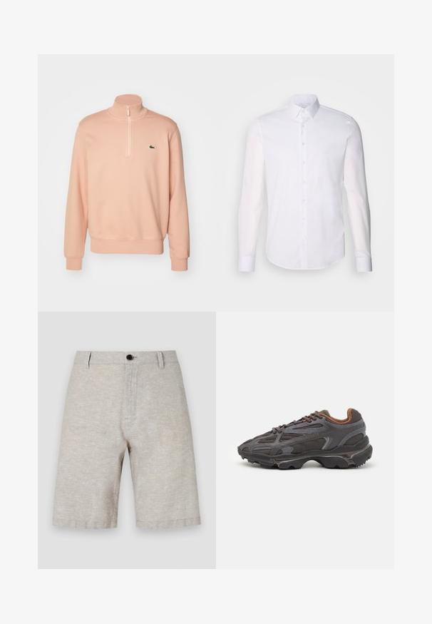 Sudadera rosa claro con cremallera y cuello alto, puños y dobladillo acanalados. Cuenta con un pequeño logo verde en el pecho. Textura de tela suave.; Camisa blanca de manga larga y botones, hecha de algodón, que presenta un cuello clásico, botones en la parte delantera y un detalle de costura minimalista.; Shorts de lino beige con una textura suave, que cuentan con un cierre de botón único, trabillas para el cinturón y un corte recto que llega hasta la mitad del muslo.; Zapatillas Lacoste en gris oscuro con material de malla y sintético, que cuentan con una suela texturizada y detalles en marrón en el cuello y la marca.