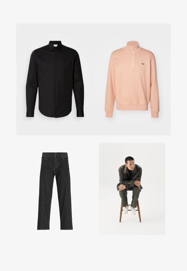 Vaaleanpunainen vetoketjullinen huppari, jossa on korkea kaulus, ribatut hihansuut ja helma. Rinnassa on pieni vihreä logo. Pehmeä kangas.; Musta pitkähihainen napitettava paita, joka on valmistettu sileästä puuvillakankaasta. Ominaisuuksiin kuuluvat klassinen kaulus, etunapit ja kaareva helma.; Mustat denimit, joissa on suora lahkeidesign, varustettu vetoketjulla, vyölenkeillä ja kuudella taskulla, valmistettu tukevasta puuvillasekoitekangasta.; Ruskea nahkatakki, jossa on leveä kaulus, yhdistetty tummanvihreisiin farkkuihin ja valkoisiin tennareihin. Malli istuu puujakkaralla.