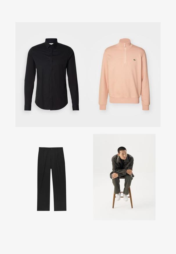 Vaaleanpunainen vetoketjullinen huppari, jossa on korkea kaulus, ribatut hihansuut ja helma. Rinnassa on pieni vihreä logo. Pehmeä kangas.; Musta pitkähihaine paita, jossa on terävä kaulus, napitus edessä ja kaareva helma. Valmistettu sileästä kankaasta ilman näkyviä kuvioita tai yksityiskohtia.; Mustat housut suoranlahkeisella muotoilulla, valmistettu sileästä kankaasta. Ominaisuuksiin kuuluu etupleateet ja yksi nappikiinnitys vyötäröllä.; Ruskea nahkatakki, jossa on leveä kaulus, yhdistetty tummanvihreisiin farkkuihin ja valkoisiin tennareihin. Malli istuu puujakkaralla.