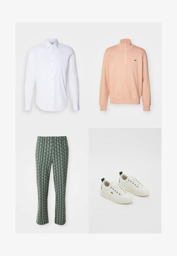 Sweat à fermeture éclair rose clair avec un col montant, des poignets et un ourlet côtelés. Il présente un petit logo vert sur la poitrine. Texture de tissu douce.; Chemise blanche à manches longues en coton lisse. Elle possède un col pointu, une fermeture à boutons sur le devant et un ourlet arrondi. Pas de motifs ni d'accents.; Pantalon vert ajusté avec motif géométrique blanc et détails de rayure sur le côté, présenté sur fond blanc.; Baskets en cuir blanc avec des accents verts, design à lacets, œillets dorés et panneaux texturés. Semelle en caoutchouc épaisse couleur crème.