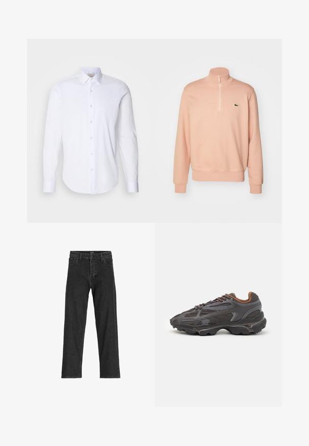 Light pink zip-up sweatshirt with a high collar, ribbed cuffs, and hem. Features a small green logo on the chest. Soft fabric texture.; White long-sleeve shirt made of smooth cotton fabric. Features a pointed collar, a button-down front, and rounded hem. No patterns or accents.; Black denim jeans with a straight leg design, featuring a zip fly, belt loops, and six pockets, made from a sturdy cotton blend fabric.; Lacoste sneakers in dark gray with mesh and synthetic material, featuring a textured sole and brown accents on the collar and branding.