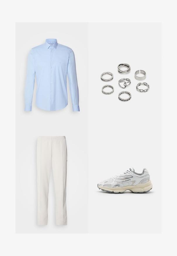 Hele roosa tõmblukuga kapuutsiga sviiter, millel on kõrge krae, soonikkoes varrukad ja allserv. Rinnal on väike roheline logo. Pehme kangast tekstuur.; Hele sinine puuvillane särk, millel on klassikaline krae, pikad varrukad ja väike logo rinnal. Sile tekstuur.; Lacoste Dresside alumine osa - hammam; Valged spordijalatsid hallide aktsentidega, suvijõud, nailon ja sünteetiline ülemine osa, nöörimise disain ning tekstuuriga kummist tald, millel on haardemustrid.; Seitsme hõbesõrmuse komplekt, millel on erinevad kujundid, sealhulgas keerdunud, seotud ja graveeritud mustrid. Erinevad kujundid ja laius.