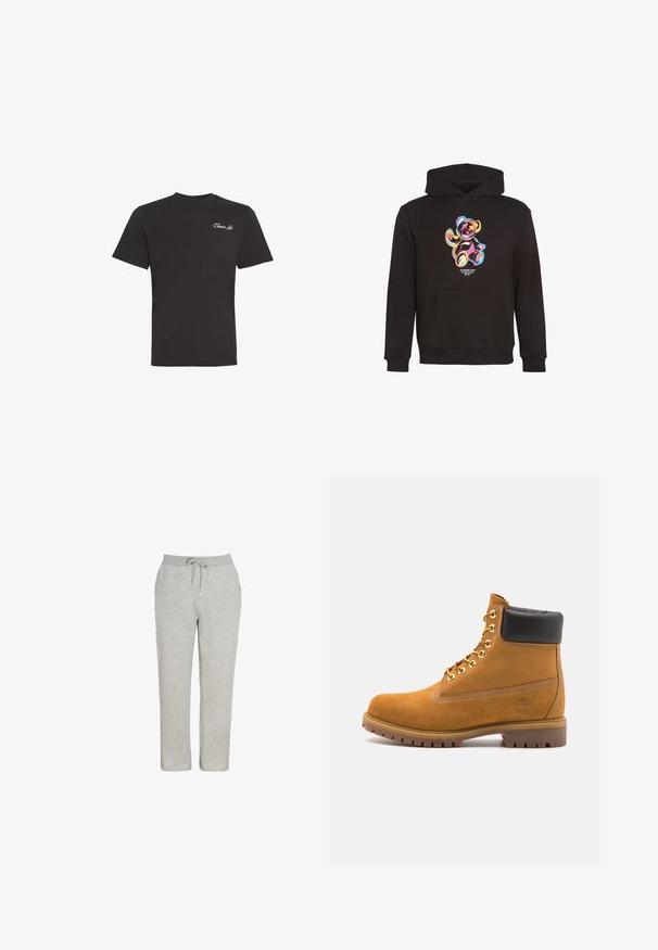 Sweat à capuche noir avec un graphisme coloré d'un ours sur la poitrine, doté d'une poche avant et de poignets et ourlet côtelés pour une coupe structurée.; T-shirt noir à manches courtes avec un petit texte en cursive blanche « Closure Lin » sur le haut gauche de la poitrine, fond uni.; Pantalon de survêtement gris en tissu doux avec une taille élastique et un cordon de serrage, coupe droite, sans motifs ni accents visibles.; Bottine en daim beige avec un col rembourré noir, œillets en métal doré, détails de surpiqûres blanches et semelle en caoutchouc robuste avec des crampons prononcés.
