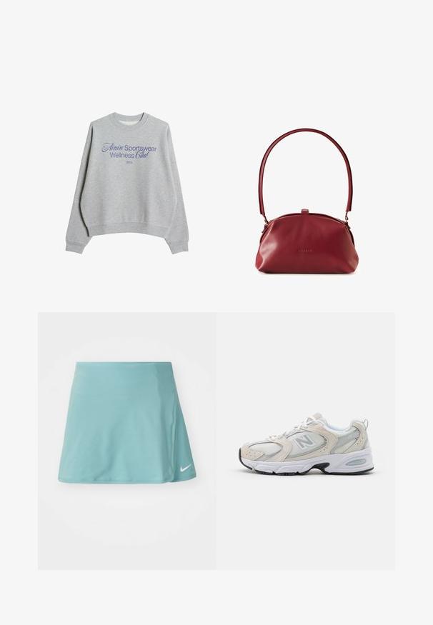 Šedá mikina vyrobená z bavlněné směsi, s kulatým výstřihem, spuštěnými rameny a modrým potiskem: "Amin' Sportswear Wellness Club 2013."; Světlomodrá sportovní sukně vyrobená z hladké, elastické tkaniny. Má boční rozparek a malé bílé logo Nike na spodní přední části.; Atletická obuv s lehkým šedým síťovaným svrškem s semišovými akcenty, bílými tkaničkami a černou gumovou podrážkou. Výrazným detailem je tlumení ABZORB.; BALAGAN Kabelka - bordo