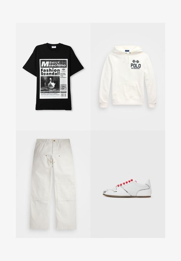 Sweatshirt de algodão branco com um bolso frontal, capuz com cordão, e estampagem em preto "POLO MOTORSPORT" com bandeiras quadriculadas. Textura suave.; T-shirt preta com um estampado gráfico em estilo de jornal, apresentando um ganso branco e títulos em texto ousado em cores contrastantes. Mangas curtas, decote redondo.; Calças de algodão brancas com um corte relaxado, apresentando bolsos frontais, detalhes em hardware dourado e remendos nos joelhos.; Sapatilha branca com biqueira espelhada e brilhante, atacadores vermelhos e um cabedal liso com detalhes em prata e sola texturizada.