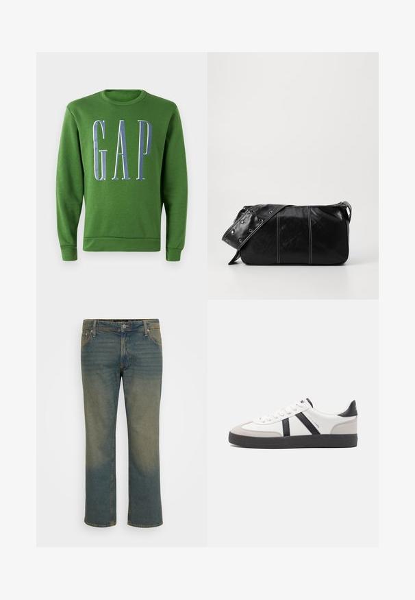 Zaļa džemperis ar garām piedurknēm un lielu baltu un zilu "GAP" logo uz priekšpuses. Mīksts audums ar ribotām piedurknēm un apakšu.; Denim bikses izbalinātā zilā krāsā ar taisnu kāju griezumu, misiņa pogu aizdari, piecām kabatām un nelieliem izbalinājuma detaļām.; Baltas sneakeris ar melniem un pelēkiem akcentiem, kuram ir teksturēts pelēks purngals, melna gumijas zole un plakanas baltas šņores. Tīrs dizains, minimālisma stils.; Melnas ādas plecu soma ar rāvējslēdzēja aizdari, ar teksturētu virsmu, baltu dūrienu un siksnu ar sudraba iekavām.