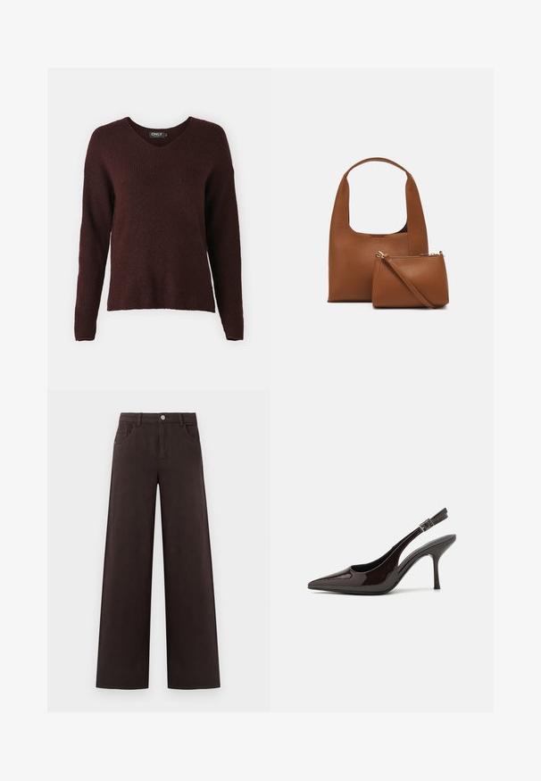 Bordeaux gebreide trui met een V-hals, lange mouwen en een gestructureerd patroon. Gemaakt van zachte stof met een losse pasvorm.; Wijde broek in donkergemeen katoen. Voorzien van een knoopsluiting en voorzakken, met een gladde textuur en strakke lijnen.; Slingback hoge hak schoen in glanzend donkerbruin patentleer, puntige neus, open zijkanten en verstelbare enkelband.; Bruine synthetische handtas met een gebogen handvat en een gladde textuur. Inclusief een bijpassende kleine tas met rits. Minimalistisch ontwerp.