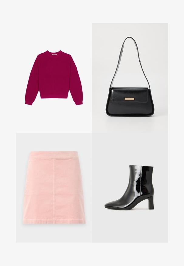 Suéter magenta em malha canelada com decote redondo, ombros caídos e mangas longas. A bainha é curta, destacando um tecido texturizado.; Saia mini de coríndon rosa com uma cintura ajustada e textura vertical ribeteada. A bainha é reta e apresenta um design simples, sem enfeites.; Botim de tornozelo em pele sintética preta com bico apontado e salto bloco de altura média. Textura suave e design minimalista.; Bolsa de couro preta com uma forma triangular estruturada, alça fina e metalização dourada, apresentando uma placa de logotipo no flap frontal.